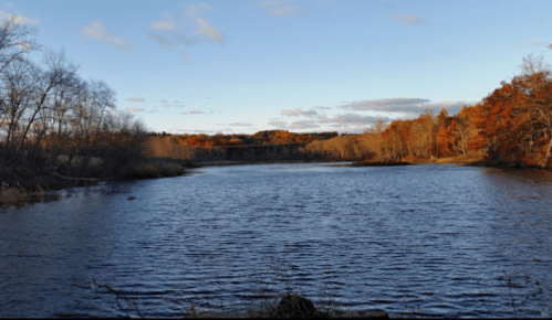 A serene river scene with autumn trees lining the banks under a clear blue sky.
