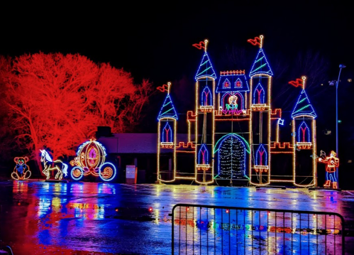 Colorful holiday lights illuminate a castle and carriage, reflecting on a wet surface, with a vibrant red tree in the background.