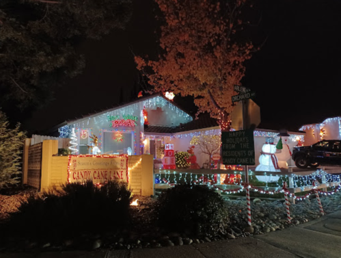 A festive house decorated with colorful holiday lights and a snowman, creating a cheerful winter scene at night.