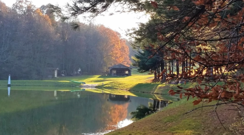 A serene lake scene with a wooden gazebo, surrounded by trees and autumn foliage, reflecting in the calm water.