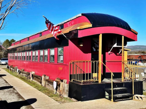 Exterior of the train car restaurant The Southern Belle in Heavener Oklahoma