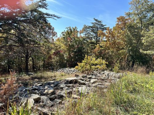 A serene landscape featuring rocks, vibrant autumn foliage, and clear blue skies in a wooded area.
