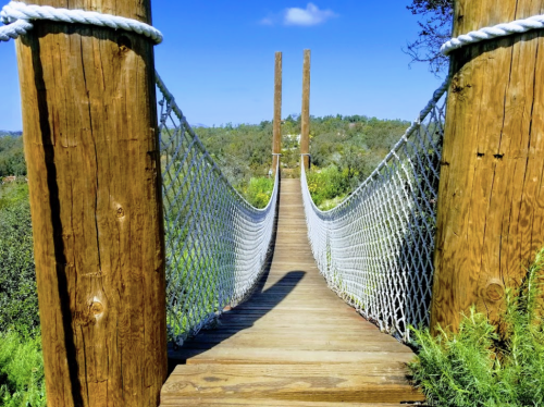 A wooden suspension bridge with rope railings stretches over greenery under a clear blue sky.