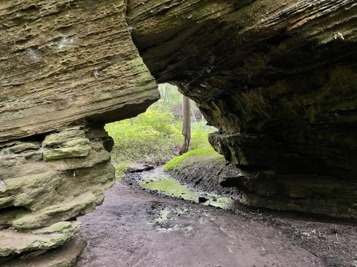 A rocky cave opening reveals a lush green landscape and a small stream in the foreground.