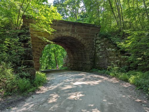 A stone arch bridge surrounded by lush green trees, with a dirt path leading through it.