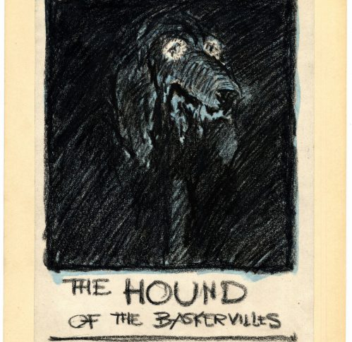 A dark, stylized illustration of a hound with glowing eyes, titled "The Hound of the Baskervilles."