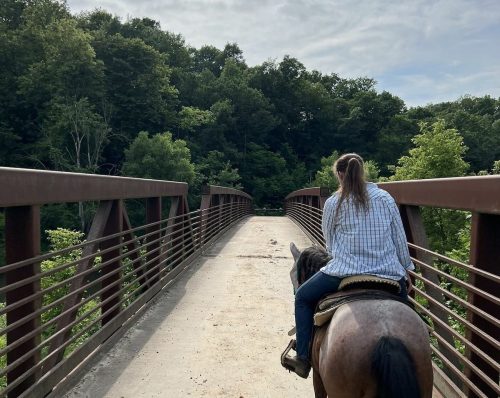 Two riders on horseback crossing a bridge surrounded by lush green trees under a cloudy sky.