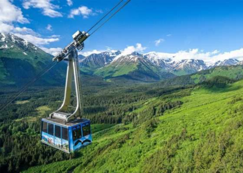 A scenic aerial view of a cable car traveling over lush green mountains and snow-capped peaks under a clear blue sky.