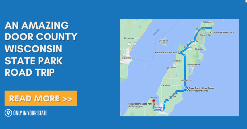 Map highlighting a road trip route through Door County, Wisconsin, with state parks and attractions marked.