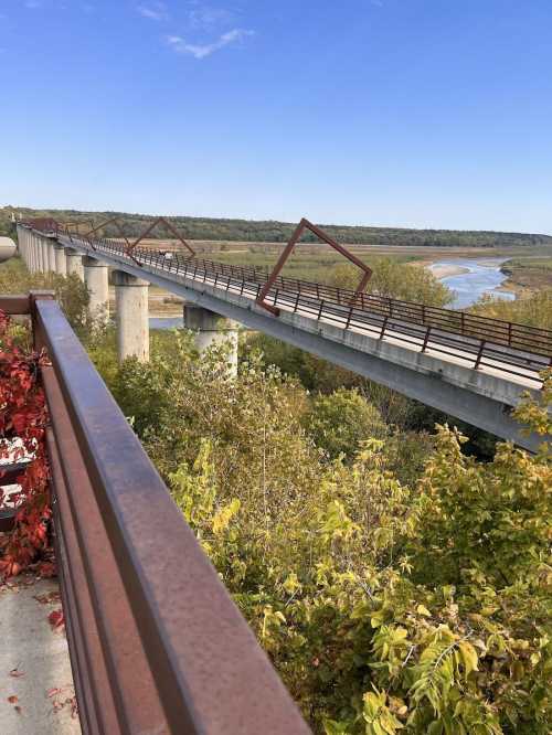 A modern bridge spans a river, surrounded by greenery and under a clear blue sky.