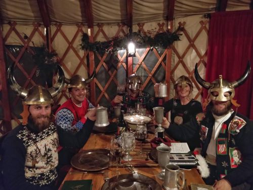 A group of five people in festive attire and Viking helmets cheer with mugs at a cozy dinner table.