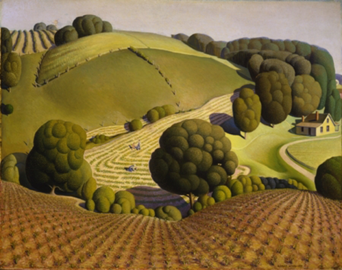 A serene landscape featuring rolling hills, lush trees, and a farmhouse amidst fields and workers in the distance.