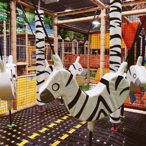 A colorful indoor play area featuring zebra-shaped swings surrounded by a netted enclosure.