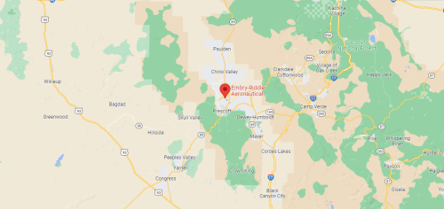 Map showing the location of Embry-Riddle Aeronautical University in Prescott, Arizona, surrounded by green areas.