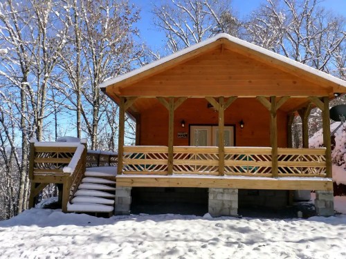 A cozy wooden cabin with a porch, surrounded by snow-covered trees under a clear blue sky.