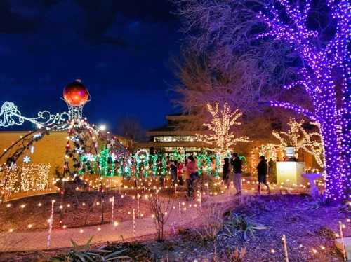 A festive scene with colorful holiday lights illuminating trees and pathways at night, with people enjoying the display.