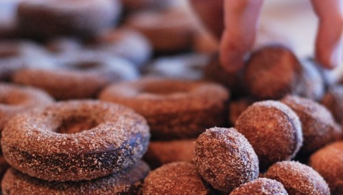 A hand reaches for a cinnamon-sugar coated donut among a pile of assorted donuts and donut holes.