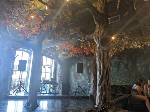 A whimsical interior with tree-like structures and autumn leaves, creating a forest-like atmosphere in a cozy space.