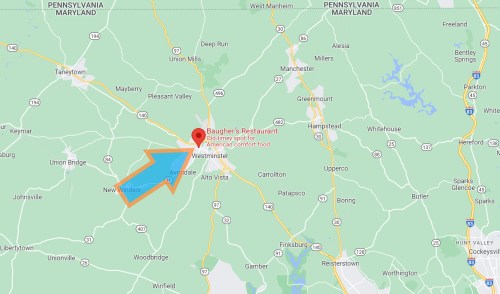 Map showing the location of Baugher's Restaurant in Westminster, Maryland, with an arrow pointing to it.