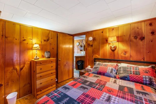 Cozy bedroom with wooden walls, a patterned bedspread, a lamp, and a dresser, featuring rustic decor.