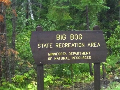 Sign for Big Bog State Recreation Area, featuring green trees and natural surroundings. Minnesota Department of Natural Resources.
