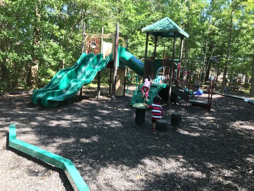 Children playing on a playground with slides and climbing structures, surrounded by trees and mulch.