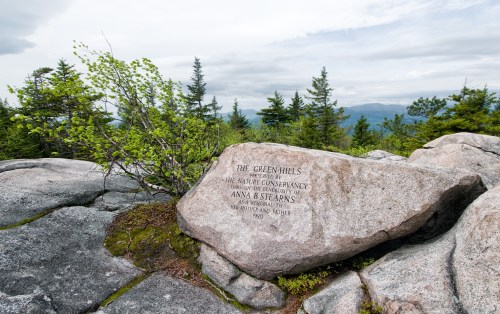 A large rock with an inscription, surrounded by trees and mountains under a cloudy sky.
