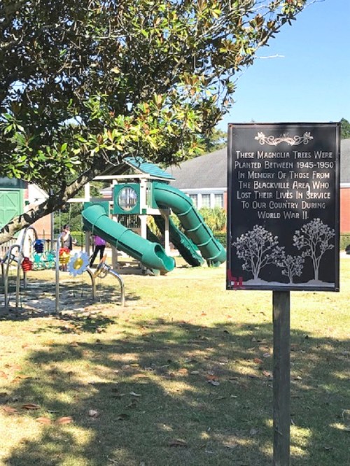Sign honoring magnolia trees planted in memory of those from Blackville who served in World War II, with playground in background.