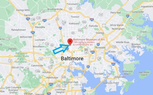 Map of Baltimore highlighting the Baltimore Museum of Art, with nearby landmarks and neighborhoods labeled.