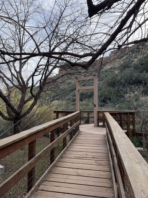 A wooden bridge leads through a natural landscape with bare trees and a rocky hillside in the background.