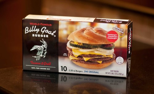 A box of Billy Goat Burgers featuring 10 frozen beef patties, with a burger image on the front.