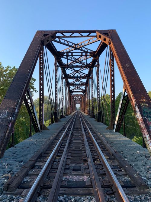 A view of a metal bridge with railway tracks leading into the distance, surrounded by greenery under a clear blue sky.