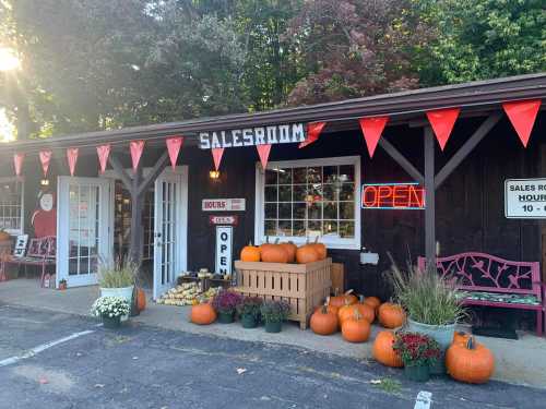 A cozy salesroom with pumpkins, flowers, and an "Open" sign, surrounded by autumn decorations and colorful banners.