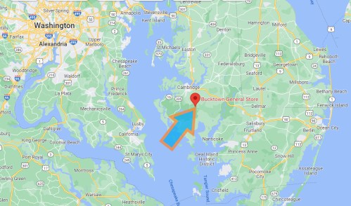 Map highlighting the location of Bucktown General Store in Maryland, near Cambridge and the surrounding waterways.