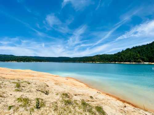 A serene lake with clear blue water, sandy shore, and lush green hills under a bright blue sky with wispy clouds.