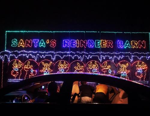 Colorful holiday lights spell "Santa's Reindeer Barn" on a festive display, viewed from inside a car at night.