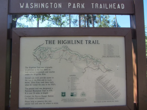 Sign at Washington Park Trailhead detailing The Highline Trail, its history, and a map of the trail system.