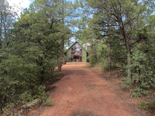 A gravel path leads to a green cabin surrounded by tall trees and lush greenery.