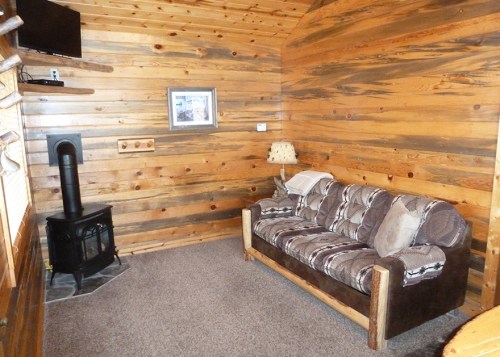 Cozy cabin interior with wooden walls, a sofa, a small stove, and a TV mounted on the wall.