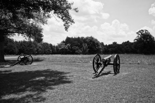 Two historic cannons on a grassy field, surrounded by trees and under a cloudy sky. Black and white photo.