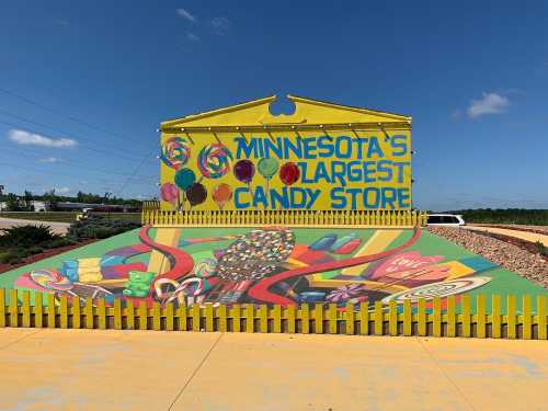 Brightly colored mural of a candy store with the text "Minnesota's Largest Candy Store" against a blue sky.