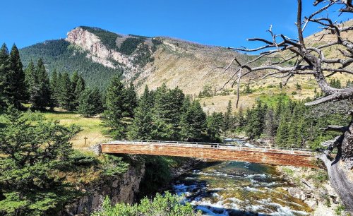 A wooden bridge spans a clear river, surrounded by lush green trees and mountains under a bright blue sky.