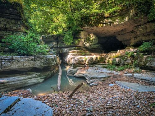 A serene natural landscape featuring a rocky creek surrounded by lush greenery and a cave entrance in the background.
