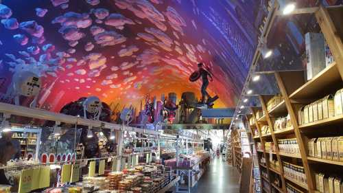 A colorful ceiling mural above shelves filled with various products in a vibrant store interior.