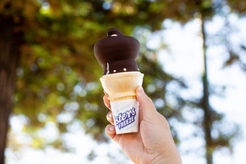 A hand holds a cone of soft-serve ice cream topped with chocolate and sprinkles, set against a blurred green background.