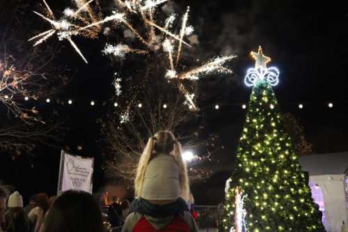 A child on an adult's shoulders watches fireworks above a brightly lit Christmas tree at night.