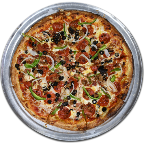 A round pizza topped with pepperoni, green peppers, onions, and black olives on a silver tray.
