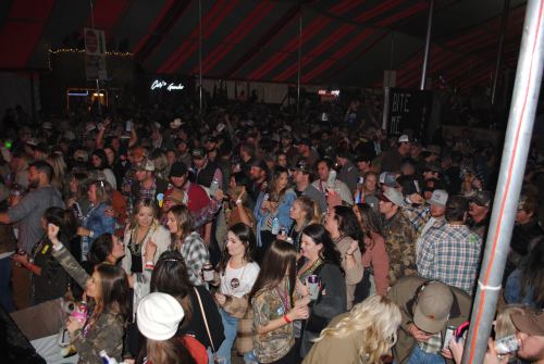 A large crowd of people enjoying a lively event under a colorful tent, with drinks and music in the atmosphere.