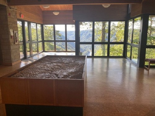 A spacious room with large windows overlooking a scenic view, featuring a wooden water feature in the center.