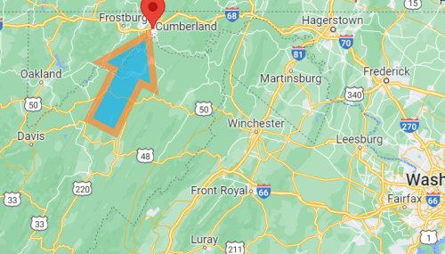 Map highlighting the area around Frostburg and Cumberland, Maryland, with an arrow pointing to Frostburg.